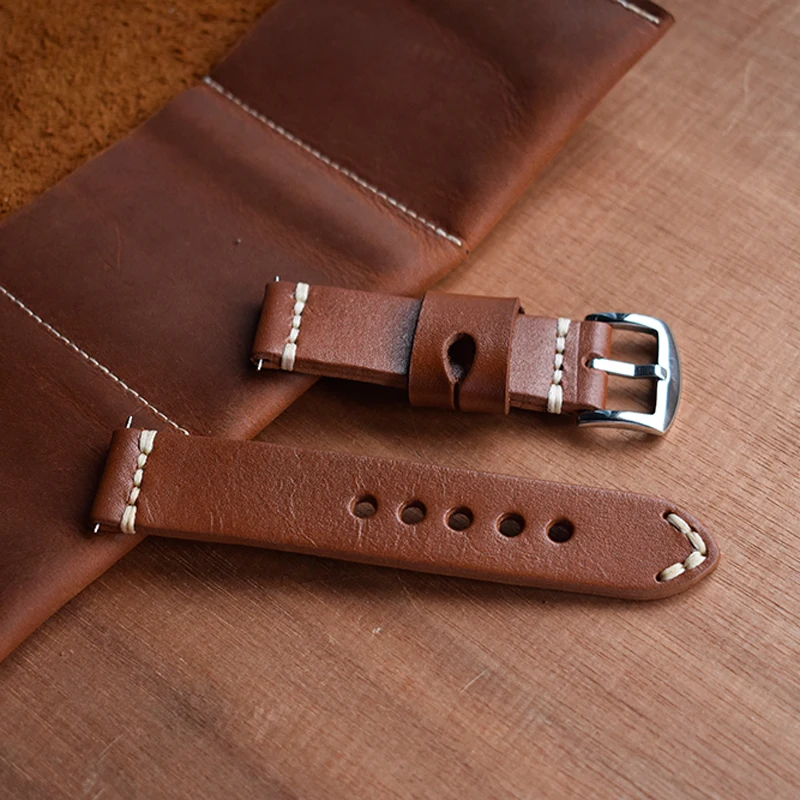 Onthelevel handmade leather genuine strap 22mm brown aircraft buckle leather strap hand-stitched wax line 2018 new
