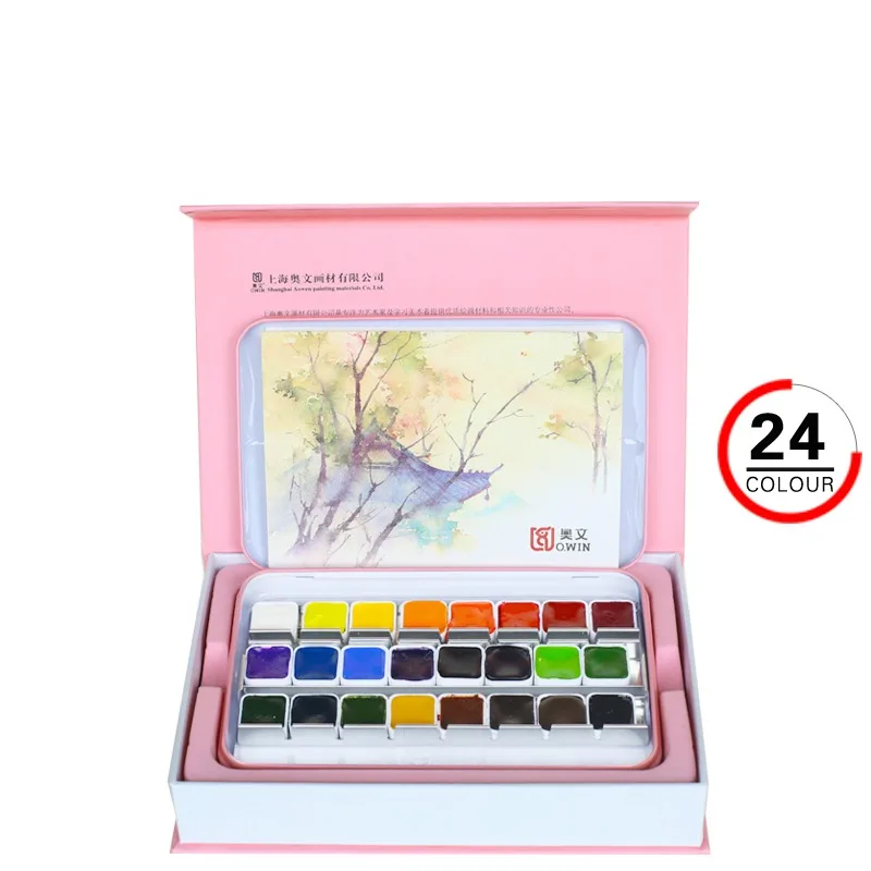 Professional 24/36Colors Solid Watercolor Paint Set Gift Metal Iron Box With Paintbrush Watercolour Pigment Set Art Supplies - Цвет: 24 colors Pink