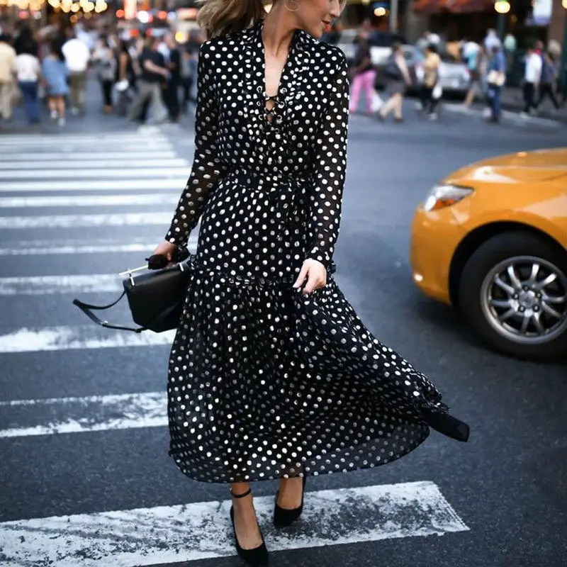 Women's Autumn Boho Chiffon Dress Party Evening Beach Dresses Long Maxi Sundress Black Polka Dot Long Sleeve Dress