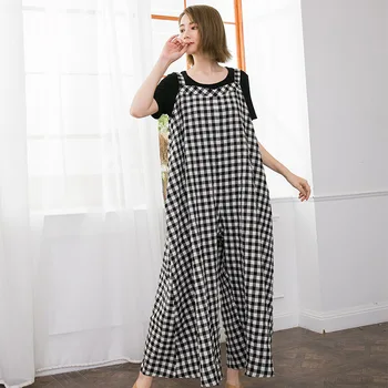 

Fashion Casual Wild Plaid Cotton Linen Straps Long Jumpsuits Literary Simple Women 2019 Summer