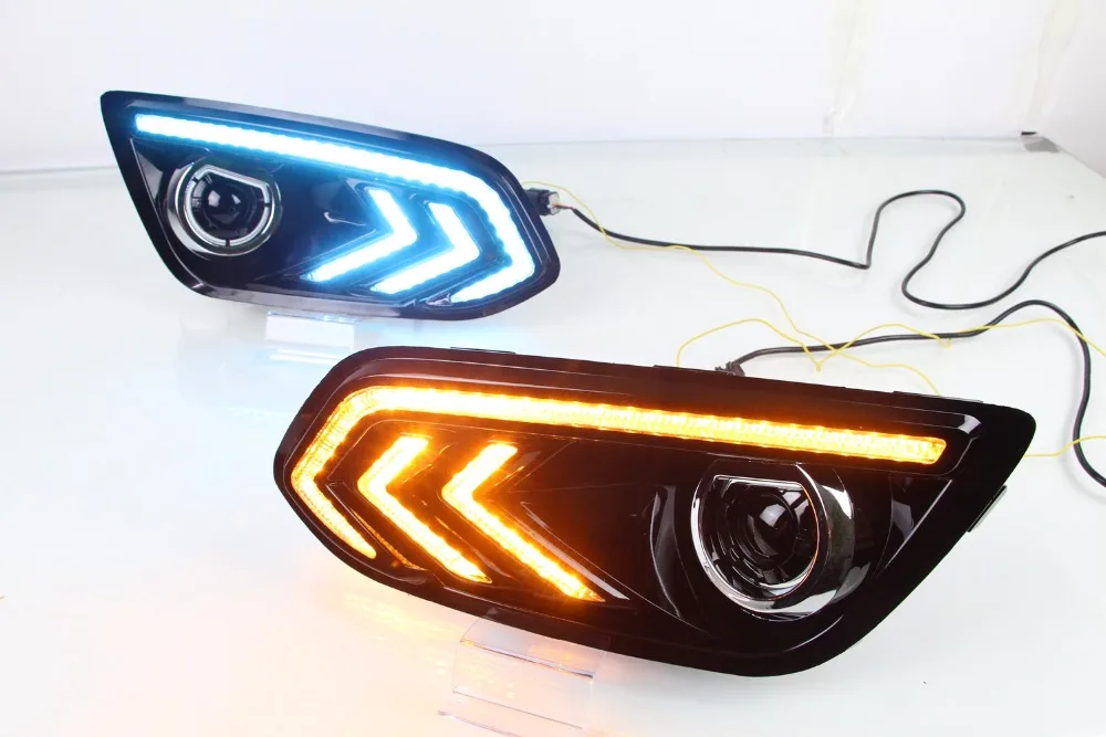 

Osmrk led drl daytime running light for Ford escort 2015-2017 with moving yellow turn signals and blue night light