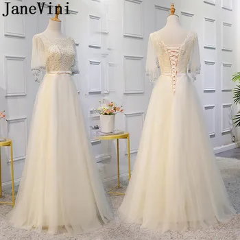 

JaneVini Champagne Half Sleeve Beaded Evening Dress Long Lace Tulle Mother Of The Bride Dresses For Weddings A Line Women Gowns