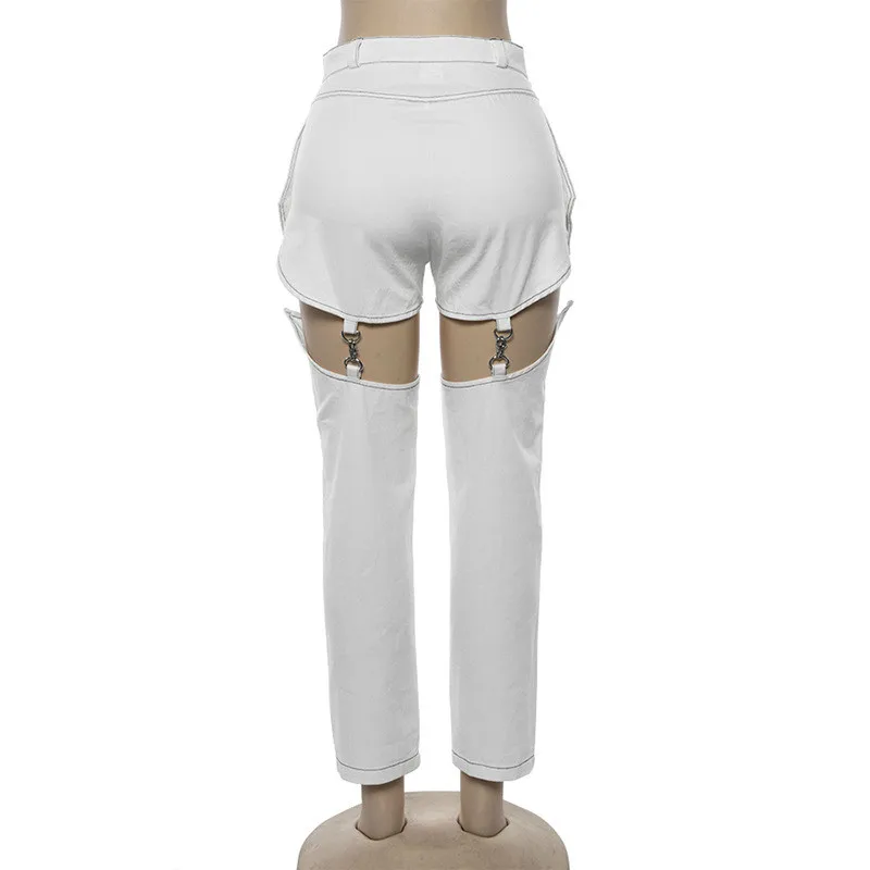 Helisopus, летние женские брюки из металла в стиле панк с пряжкой, черные, белые, выдалбливают, лоскутные штаны, панталоны, уличная одежда