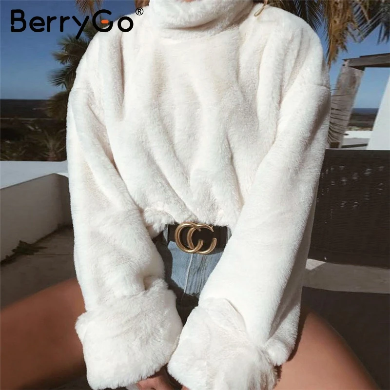 BerryGo белая водолазка коралловый вельветовый свитер с длинным рукавом пушистый