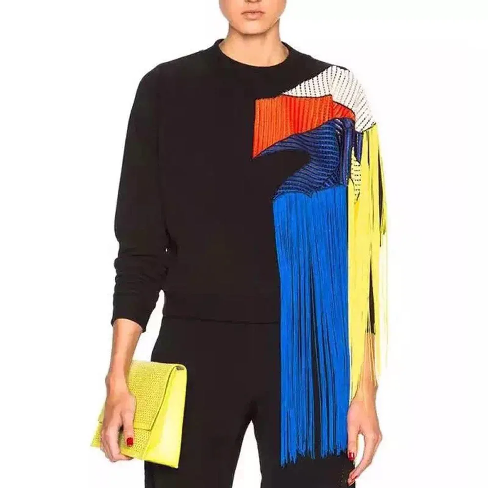 

Trendy Contrast Color Spliced Mesh Rainbow Tassels Sweatshirt Women O-Neck Pullover Patchwork Casual Jumper Sweats Tops Velvet