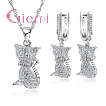 

New Arrival Crystal Cats Bijoux For Women 925 Sterling Silver Jewelry Sets Pretty Good Gifts Pendant Necklace Hoop Earring