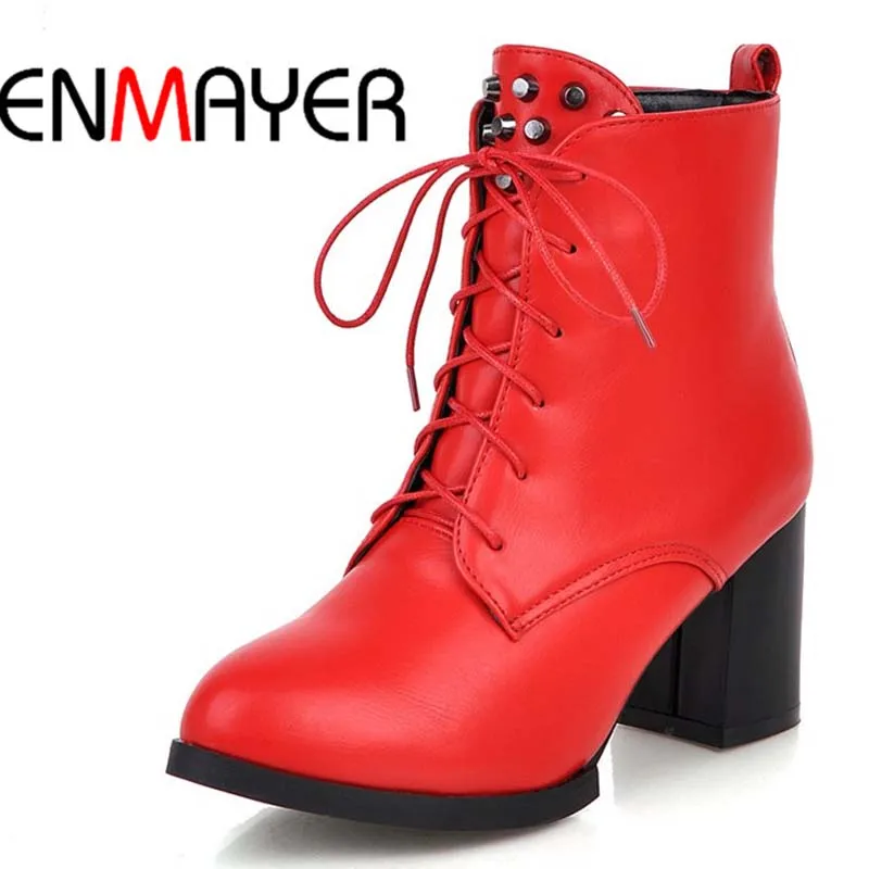 

ENMAYER Platform Martin Boots Shoes Women Red Beige Black Round Toe Lace-Up Square heel High Boots Fashion Winter Ankle Boots