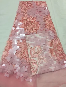

New Arrival African Tulle Lace Fabrics High Quality 2019 Pink Peach Lace Fabric With Sequins For Fashion Nigerian Lace Dress
