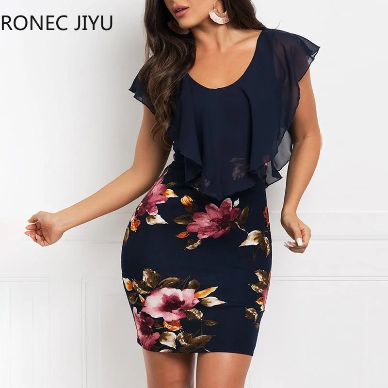Women Floral Print Flounce Trim Bodycon Patchwork Dress | Женская одежда