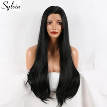 Sylvia черные Натуральные Прямые Синтетические парики на кружеве средний пробор 180% Плотность половина ручной работы термостойкие волокна волос