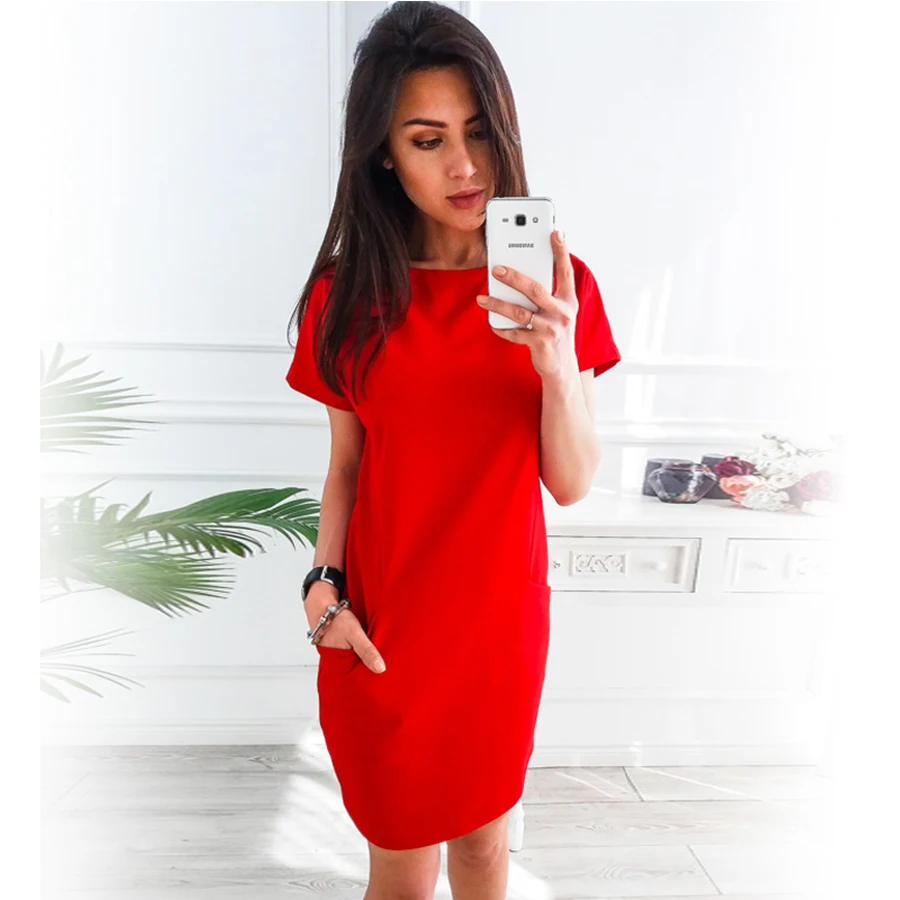 

Sexy Mini Dresses Women Summer Casual Solid O-Neck Soft Breathable Female Dress Loose Short Sleeve Pocket Straight Elegant Dress