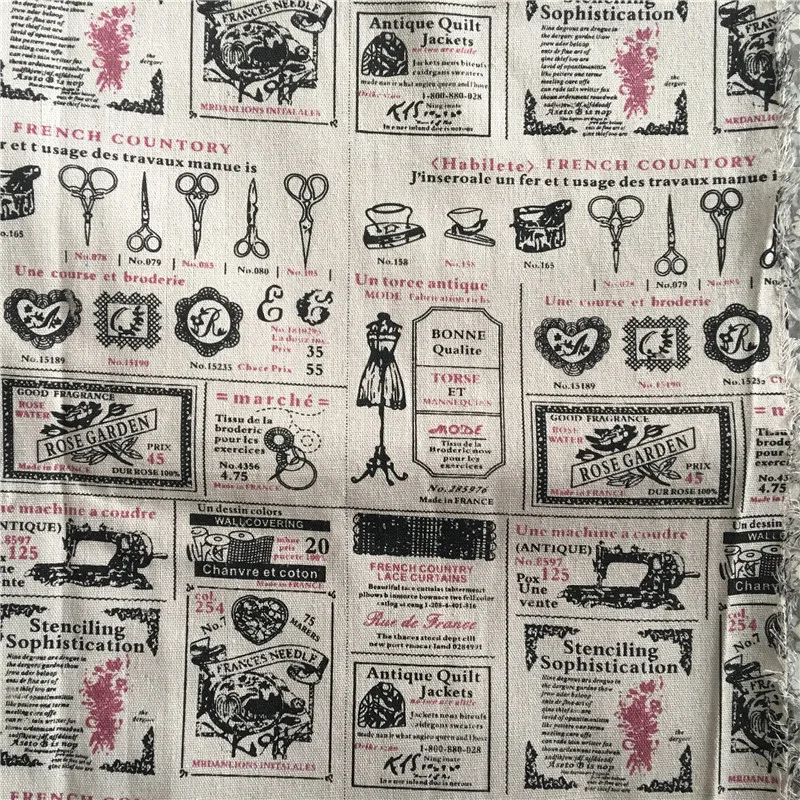 

HMS 50x150cm Cotton Linen Fabric DIY Craft Material Print Sissors Sewingmachine English Newspaper