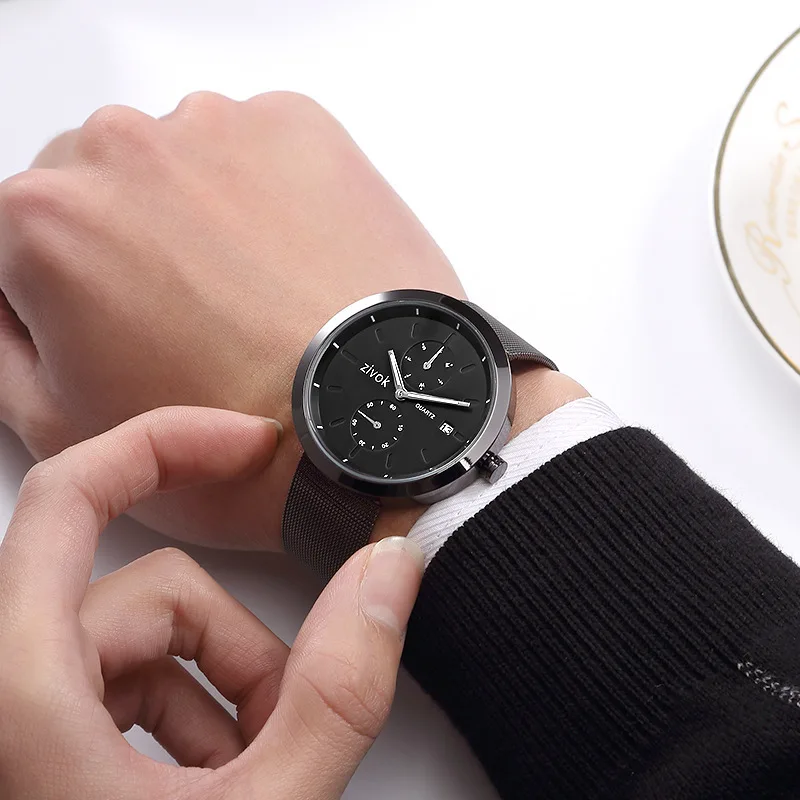 2019 New Sunday Calendar Steel Mesh Watch with Quartz Men's Fashion Casual Plastic Glass Round PU 8030G |