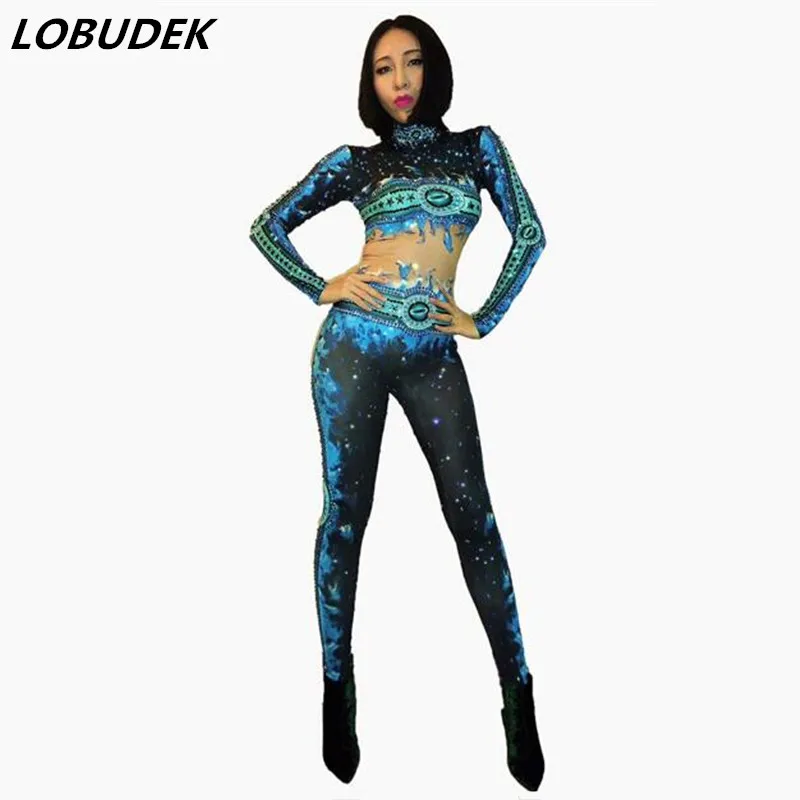 Женский Блестящий Комбинезон с синим пламенем|jumpsuit sexy|sexy jumpsuitsexy jumpsuit bodysuit |