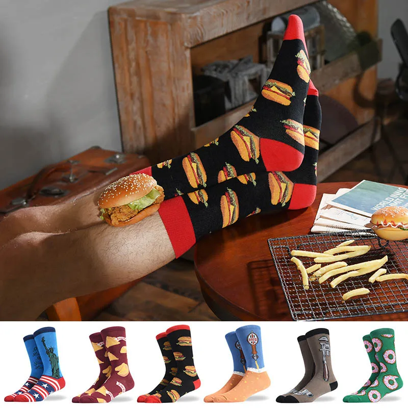 

[WPLOIKJD]Men's Creative Hamburger Pattern Socks Happy Wedding Colorful Funny Socks Hip Hop Crew Clacetines Hombre Divertidos