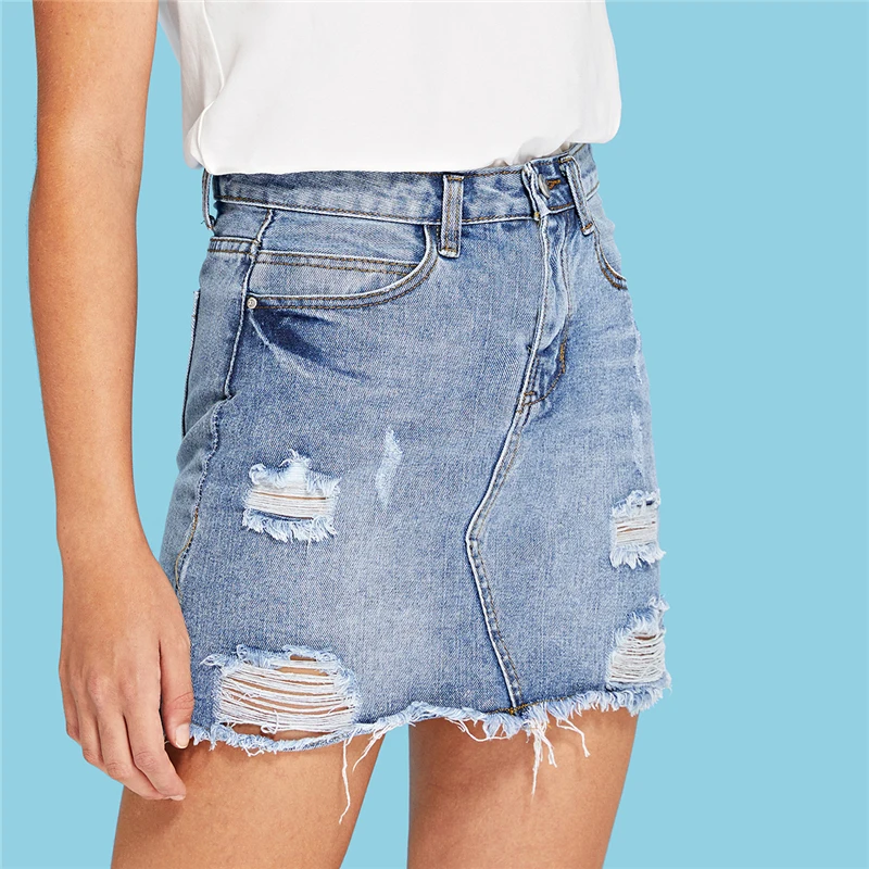 COLROVIE синяя рваная Повседневная мини джинсовая юбка летняя новая облегающая женская юбка Базовая джинсовая юбка с карманами Юбка со средней талией