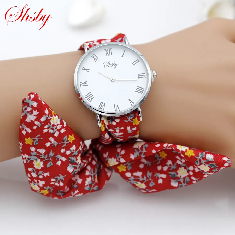 цена shsby brand new Lady flower cloth wristwatch Roman silver women dress watch high quality fabric watch sweet girls Bracelet watch