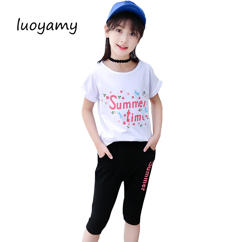

luoyamy New 2018 Summer Girls Letter Print Children Clothing Set Baby Short-sleeve T-shirt Kids Sport Suit