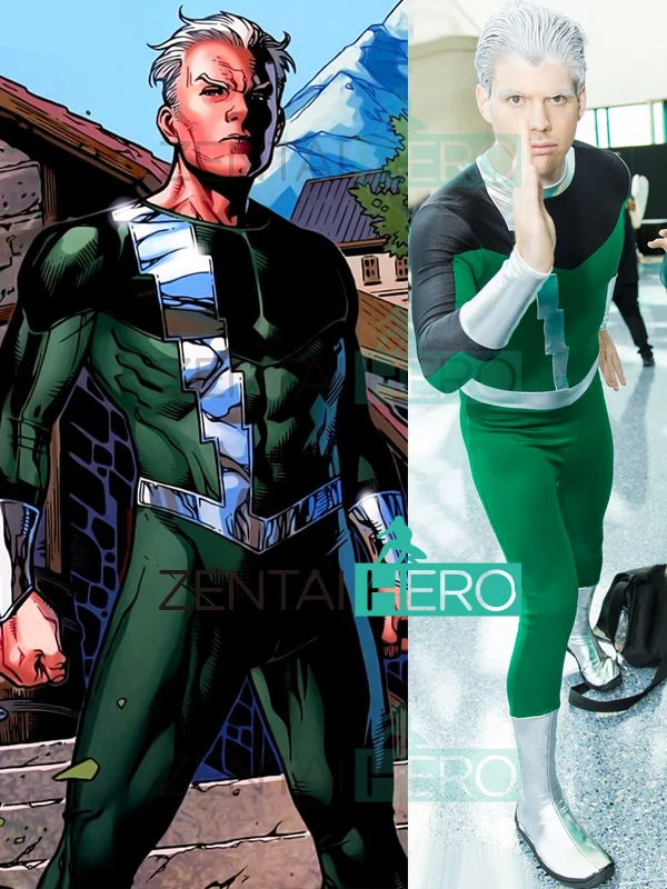 Бесплатная доставка X men Quicksilver зеленый костюм косплей и черный спандекс мужской