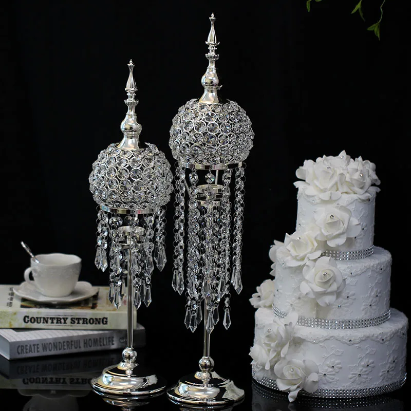 

H61CM luxury sliver Crystal lanterns with candles wedding candlestick decoration candle holder for home table decoration ZT146