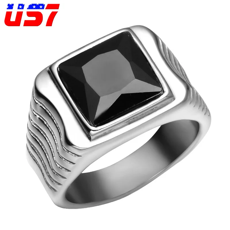 

US7 Square Stone Ring Men Stainless Steel Biker Rock Finger Obsidian Natural Stone men rings Street Jewelry Gift bague homme