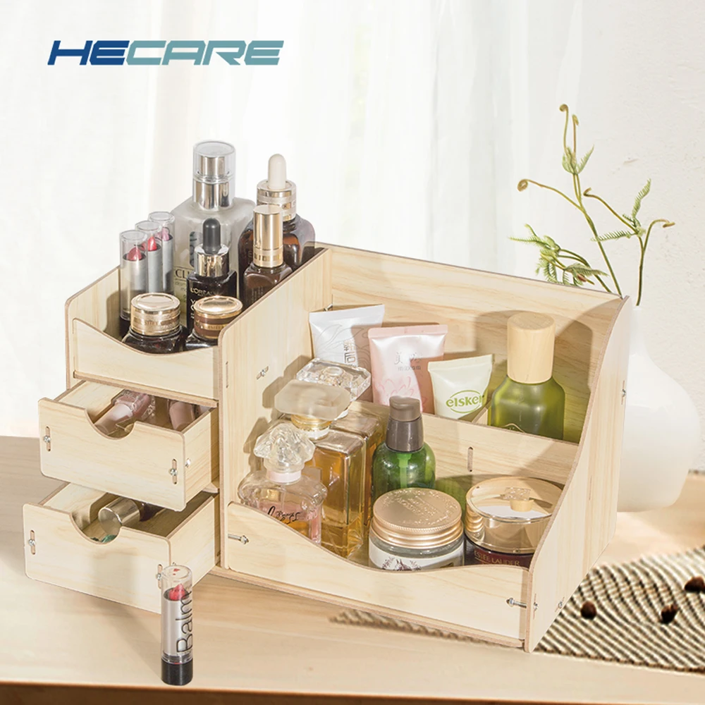 

Home Desktop Wooden Cosmetic Organizer Pink Blue Bathroom Makeup Storage Drawer Organizer Large Capacity Case for Cosmetics New