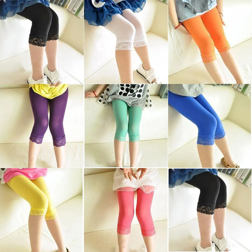 

2019 fashion Kids Girl Leggings Summer Stretch Lace Leggings Skinny Capris Pants Candy Color hot sale W508