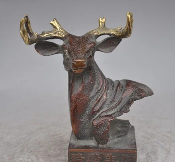

7" chinese bronze gilt Auspicious wealth Sika deer head bust statue Sculpture
