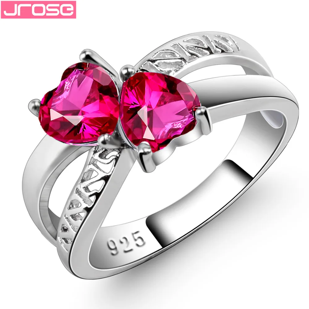 

JROSE Wedding Engagement Romantic Double Heart Red Cubic Zirconina Fashion Jewelry Silver Ring Size 6 7 8 9 Wholesale Gifts