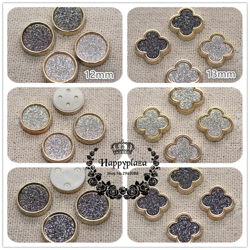 

50pcs 12mm/13mm Golden Circle Glitter Leather Round/Flower Shape Plastic Flat back Button Decoration Sewing Craft Scrapbook