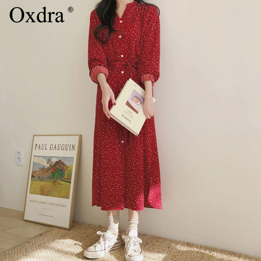 Oxdra/длинное платье с принтом в горошек женское длинными рукавами на шнуровке