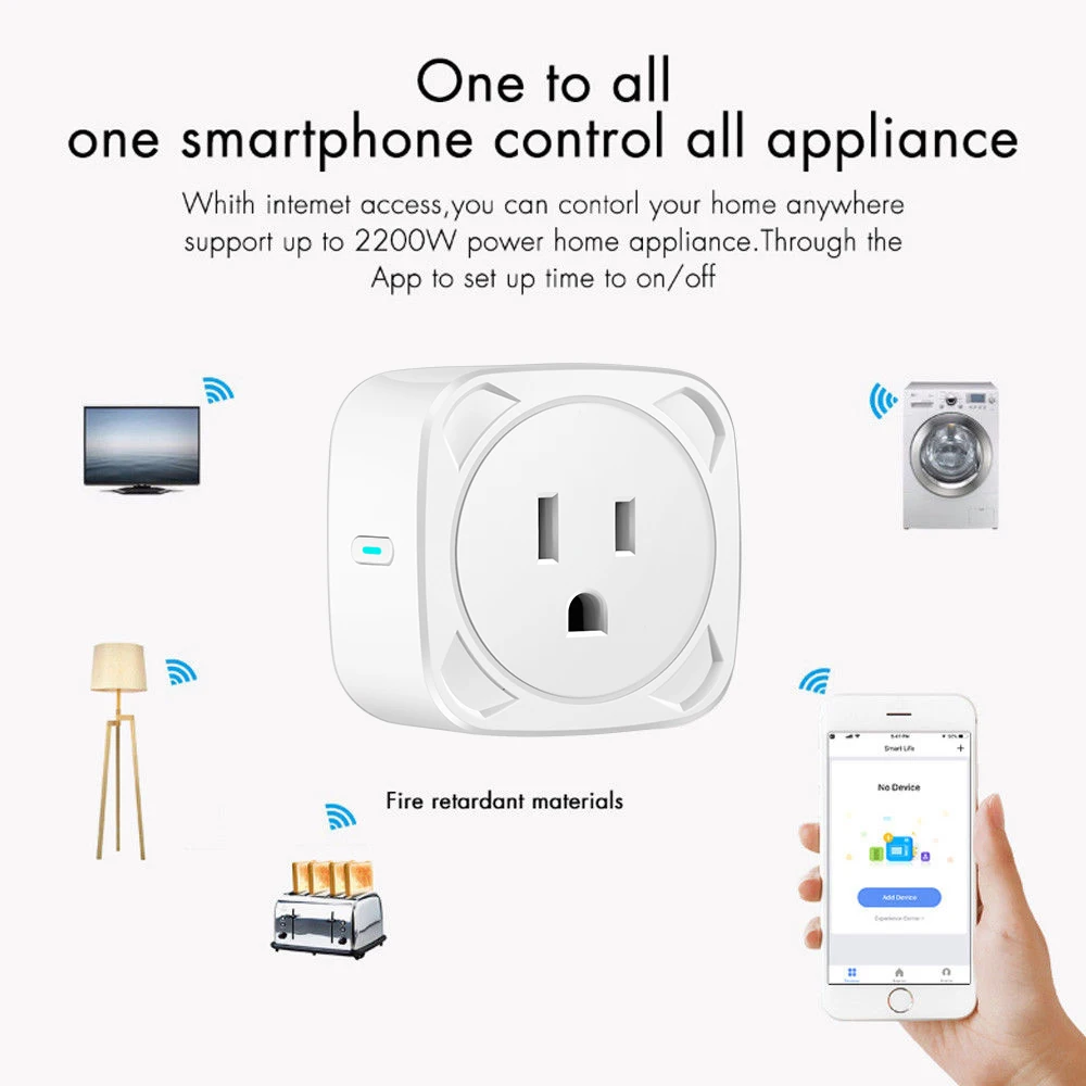 

BSD13 Smart Home Automation WiFi Voice Control Wireless Remote Socket Timer Fire Retardant PC Smart Power Socket US Plug