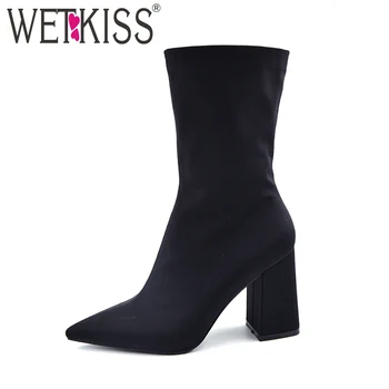

WETKISS Sexy Spring Mid Calf Boots Women High Heel Pointed Toe Socks Boots Stretch Fabric Fashion Shoes Ladies Occident Footwear