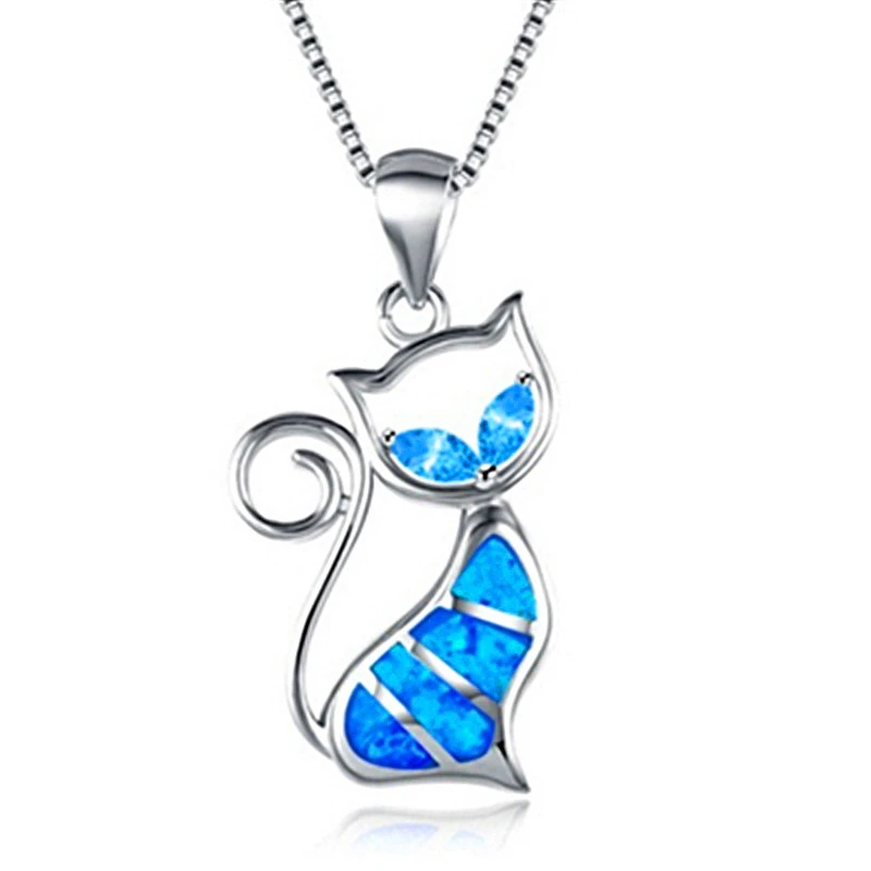 

2019 New Design Blue Fire Imitation Opal Choker Pendant Necklace Cat Crystal Necklaces for Women Fashion Animal Jewelry Gift