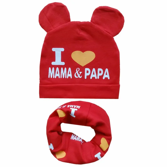 red mama set Весенне-Осенняя детская хлопковая шапка, шарф, комплект с принтом «Love Mom», шапки для мальчиков и девочек, нагрудники, детский шейный шарф, шапка, детские вязаные шапки, реквизит для фотосессии - Цвет: red mama set