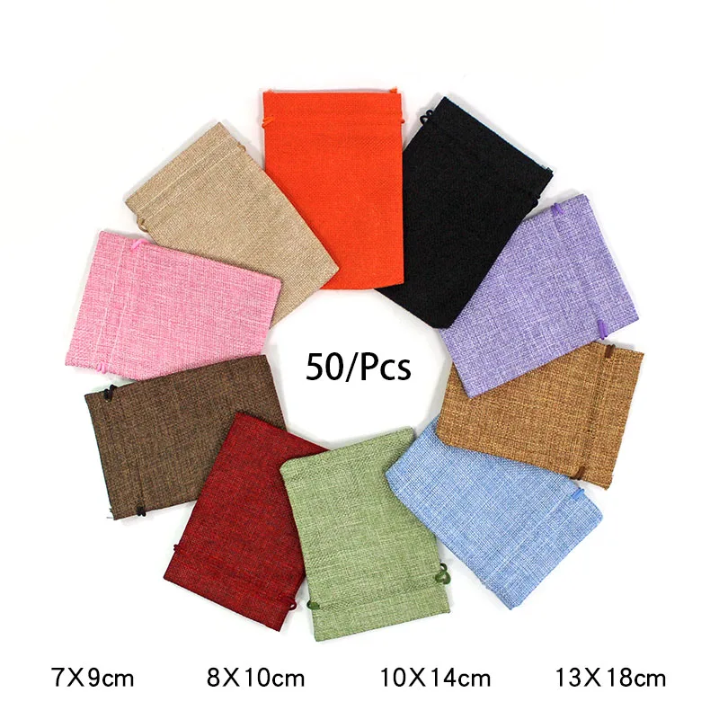 50Pcs lot font b Drawstring b font Natural Burlap font b Bag b font Jute Gift