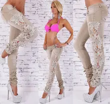 2016 New arrival summer jeans ripped lace trousers women low waist lace jeans pants new design