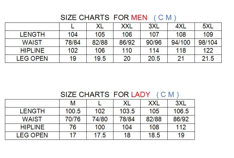 SIZE CHARTS