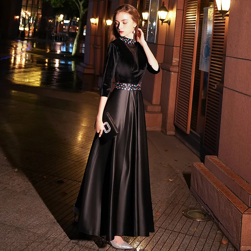 weiyin Black Velour Evening Dress Long 2018 Sexy A-line Party Dress Crystal Half Sleeves Prom Dresses Robe De Soiree WY1051
