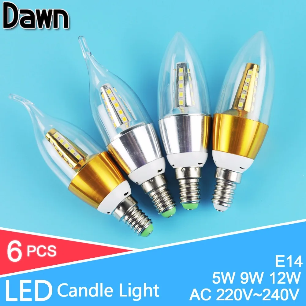 6 unids oro plata 5 w 9 W 12 W E14 LED vela bombilla led 110 V 220 V lámpara LED E14 fresco caliente blanco lampara Focos ampolletas