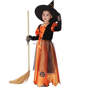

Children Kids Baby Girls Sexy Halloween Carnival Party Pumpkin Maxi Dress with Hat Witch Costumes Child Cosplay Clothing