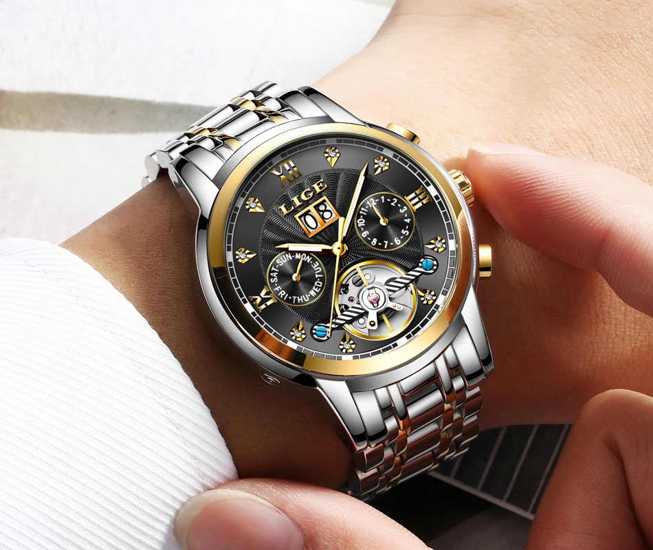 LIGE Mens Watches Top Brand Luxury Fashion Automatic Mechanical Watch Men All Steel Sport Waterproof Clock Relogio Masculino+Box