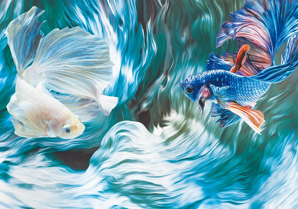 Custom wallpaper 3D creative blue white Siamese fighting fish painting living room wall - healthy silk waterproof material Custom wallpaper 3D creative blue white Siamese fighting fish painting living room wall - healthy silk waterproof material