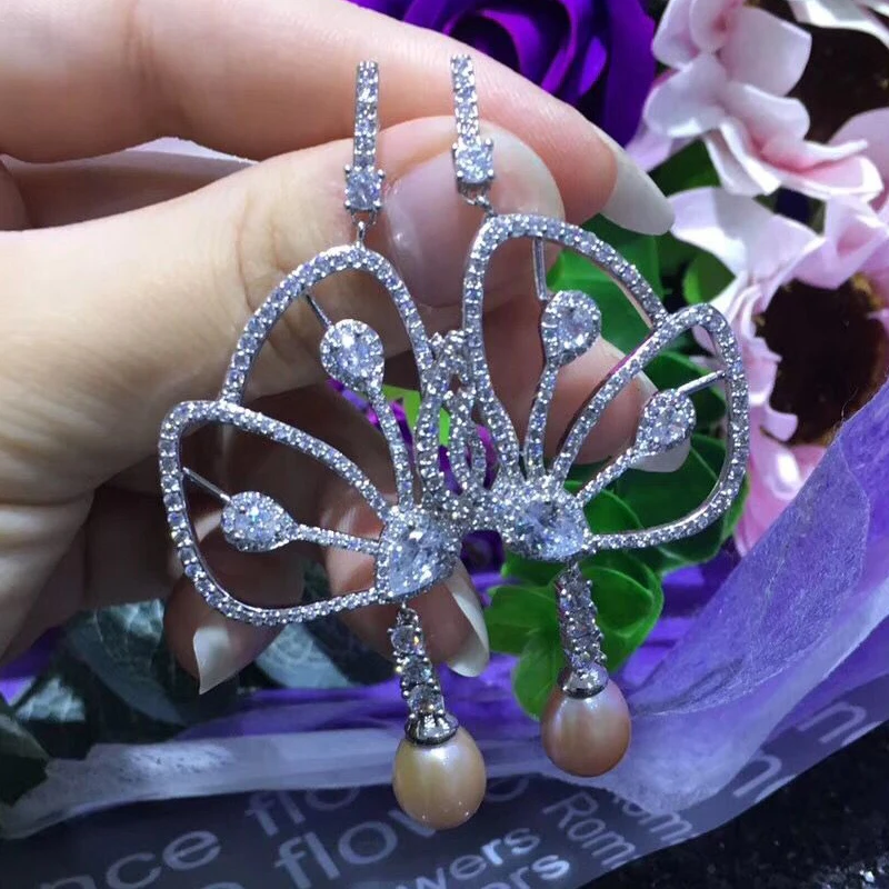 

925 sterling silver butterfly earrings natural pearl Drop earrings super luxurious big zircon earrings women wedding party gift