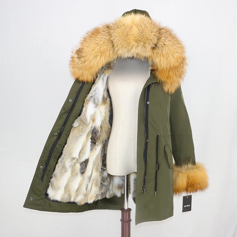 OFTBUY, зимняя куртка для женщин, натуральный мех, пальто, водонепроницаемая парка, натуральный Лисий мех, воротник, манжеты, мех кролика, подкладка, верхняя одежда, съемная, Новинка - Цвет: green gold