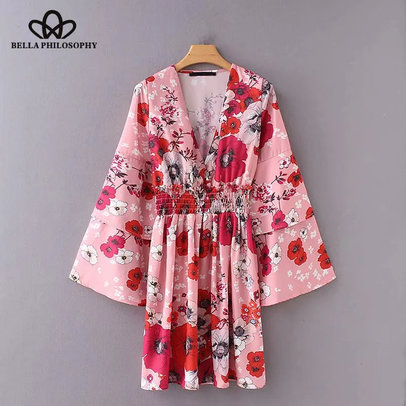 Wonder 2018 summer vintage flare sleeve elastic wasit red floral mini dress elegant vestidos casual slim deep v neck chic dress