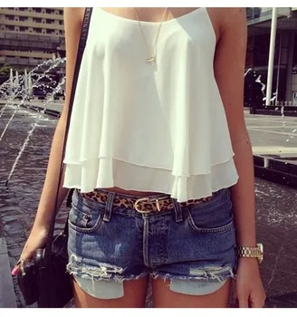 

Summer Women Sleeveless Spaghetti Strap Vest Tops Shirts Sexy Chiffon Girl Blouses Vest Tops Causal Solid Color Short Vest