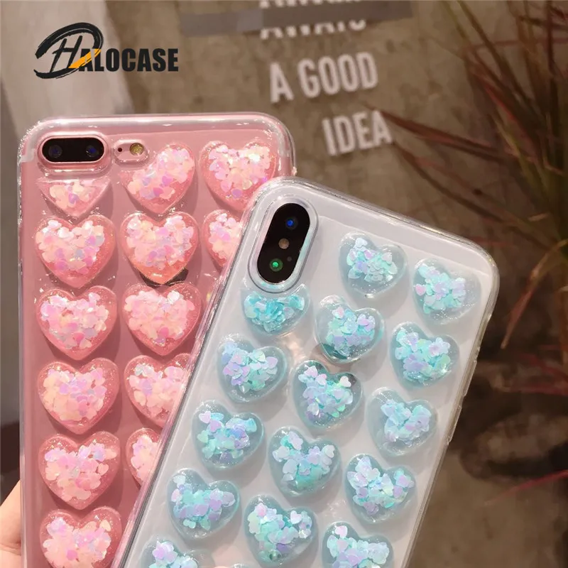 

HALOCASE 3D Glitter Hearts Cute For iPhone 6 6S 7 8 Plus Case Silicone Love Coque For iPhone X XS MAX XR Case Crystal TPU Cover