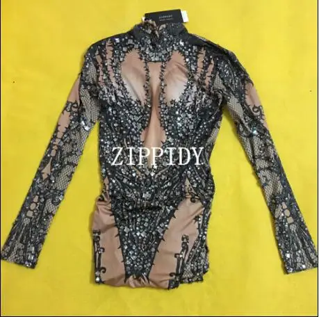 

Fashion Hollow Black Crystals Stretch Jumpsuit Sexy Nightclub Bar Dance Wear Bodysuit Leggings Performance Clothing