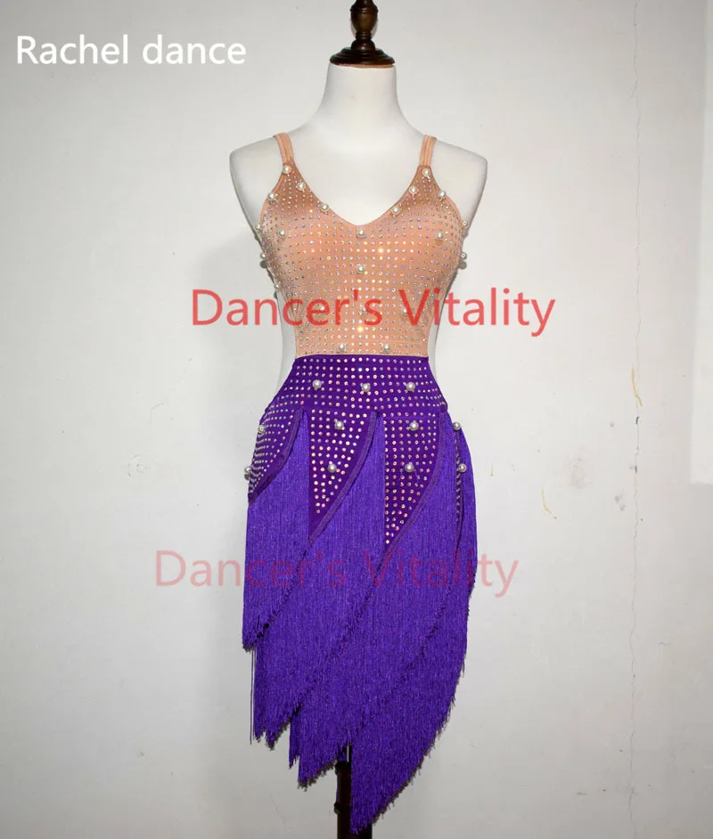Женская одежда для выступлений, латинских танцев, для пожилых женщин, камни, платье с кисточками для латинских танцев, для девочек, для латинских танцев, шоу, платья для латинских танцев - Цвет: body vs purple